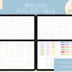 Könnte beinhalten: Ein digitaler Sticker-Set mit über 110 pastellfarbenen Notiz-Stickern. Die Sticker beinhalten verschiedene Formen, wie Kreise, Quadrate, Sechsecke und Pfeile. Die Sticker sind für die Verwendung in digitalen Notiz-Apps konzipiert.