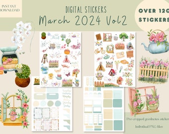May include: Digital stickers for March 2024, featuring over 120 pre-cropped goodnotes stickers. The stickers are in a watercolor style and feature a variety of spring-themed designs, including flowers, butterflies, birds, and a teapot. The stickers are perfect for adding a touch of whimsy to your planner or journal.