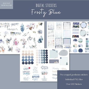 Könnte beinhalten: Über 130 digitale Sticker mit einem frostig blauen Winterthema. Die Sticker beinhalten eine Vielzahl von Designs, wie Schneeflocken, Winterlandschaften und festliche Grüße. Die Sticker sind vorgefertigt und liegen in einzelnen PNG-Dateien vor.