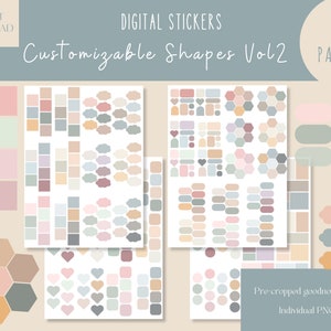 May include: Digital stickers with customizable shapes in six colour palettes. The shapes include hearts, hexagons, clouds, and rounded rectangles. The stickers are pre-cropped and come as individual PNG files.