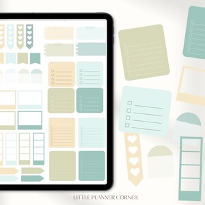 May include: A digital planner sticker sheet with a variety of shapes and sizes. The stickers are in shades of green, blue, and beige. The stickers include hearts, flags, arrows, frames, and checklists. The sheet is labeled "Little Planner Corner".