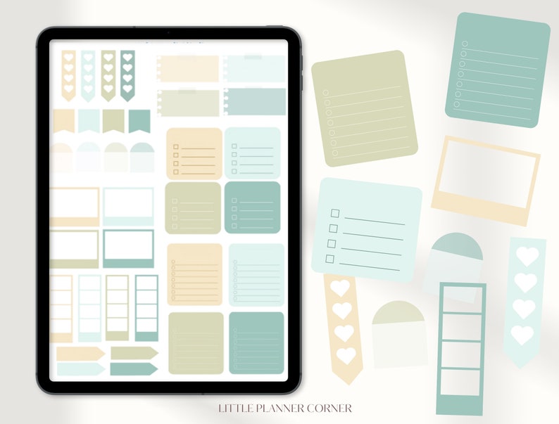 May include: A digital planner sticker sheet with a variety of shapes and sizes. The stickers are in shades of green, blue, and beige. The stickers include hearts, flags, arrows, frames, and checklists. The sheet is labeled "Little Planner Corner".