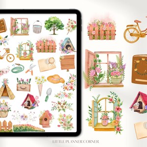 May include: A digital planner with a variety of spring-themed stickers, including flowers, birds, windows, fences, a bicycle, a book, a watering can, a shovel, a tent, a birdhouse, and a coffee cup. The stickers are in watercolor style and have a light and airy feel.