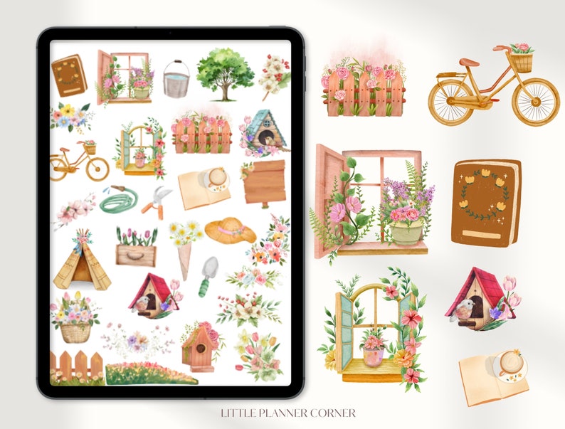 May include: A digital planner with a variety of spring-themed stickers, including flowers, birds, windows, fences, a bicycle, a book, a watering can, a shovel, a tent, a birdhouse, and a coffee cup. The stickers are in watercolor style and have a light and airy feel.