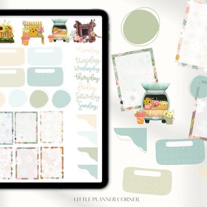 May include: A digital planner page with floral and green themed stickers. The stickers include a truck filled with flowers, a floral frame, a circle, a rectangle, and a square. The page also includes a list of days of the week: Monday, Tuesday, Wednesday, Thursday, Friday, Saturday, Sunday.