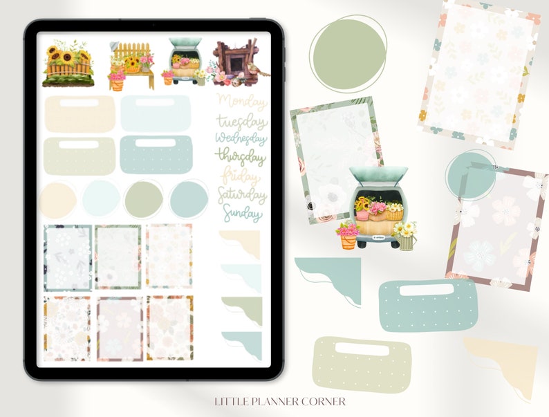May include: A digital planner page with floral and green themed stickers. The stickers include a truck filled with flowers, a floral frame, a circle, a rectangle, and a square. The page also includes a list of days of the week: Monday, Tuesday, Wednesday, Thursday, Friday, Saturday, Sunday.