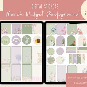 May include: A digital sticker set for March featuring 76 pre-cropped stickers with a spring theme. The stickers include floral designs, bunnies, bees, and other spring-themed elements. The stickers are designed for use with the Goodnotes app.
