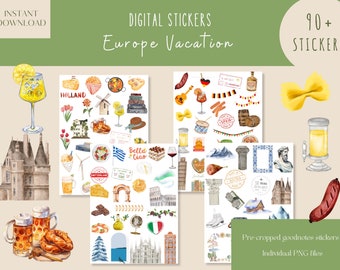 May include: A set of 90+ digital stickers featuring watercolor illustrations of European travel destinations, food, and drinks. The stickers are pre-cropped and ready to use in digital planners and notes.