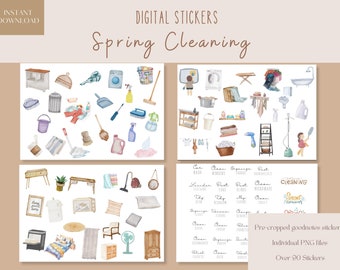 May include: A set of over 90 digital stickers featuring watercolour illustrations of spring cleaning supplies and tasks. The stickers are pre-cropped for use in the Goodnotes app.  The stickers include items like a broom, dustpan, vacuum cleaner, laundry basket, ironing board, and cleaning supplies.  The stickers also include text labels for different cleaning tasks, such as "clean windows", "dust blinds", and "organise pantry".