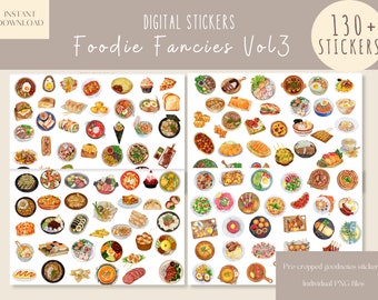May include: Digital sticker set titled "Foodie Fancies Vol 3" featuring over 130 stickers of various food illustrations. The stickers include images of ramen, sushi, tacos, and other dishes. The stickers are pre-cropped PNG files for Goodnotes.