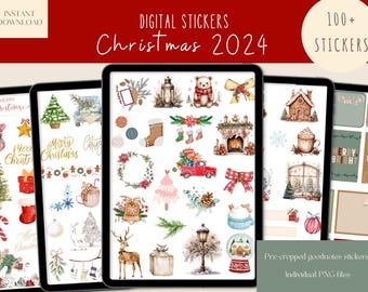 May include: Digital Christmas 2024 stickers displayed on tablets. The image features various festive illustrations, including a Christmas tree, ornaments, a fireplace, and a red truck. The text "Instant Download" and "100+ Stickers" are also visible.