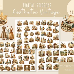 May include: A set of 90 digital stickers featuring vintage aesthetic illustrations. The stickers include a typewriter, a teacup, a clock, a birdcage, a suitcase, a lamp, a book, a window, a house, a sewing machine, a key, a lock, a dress, and more. The stickers are pre-cropped and ready to use in digital planners, notes, and other digital projects.