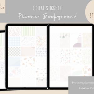 May include: Digital stickers for planners, featuring various patterns and designs. The image shows a tablet displaying a grid of 60 stickers with floral, striped, and geometric backgrounds. Text includes "Instant Download" and "Planner Background."