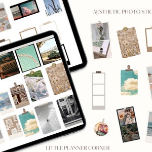 May include: A set of digital photo stickers in various styles, including a vintage typewriter, a Ferris wheel, a cloud, a beach scene, and a cityscape. The stickers are designed for use in digital planners and journals. The text "AESTHETIC PHOTO STICKERS" is at the top of the image. The text "LITTLE PLANNER CORNER" is at the bottom of the image.