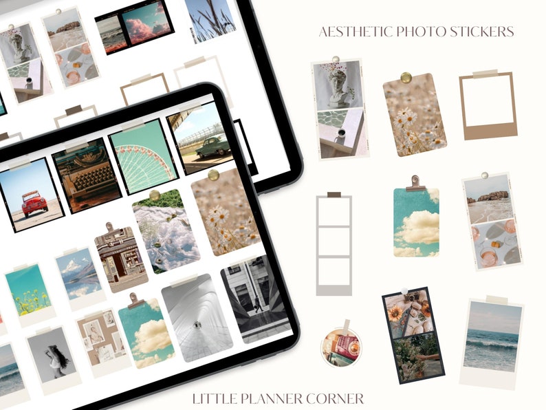 May include: A set of digital photo stickers in various styles, including a vintage typewriter, a Ferris wheel, a cloud, a beach scene, and a cityscape. The stickers are designed for use in digital planners and journals. The text "AESTHETIC PHOTO STICKERS" is at the top of the image. The text "LITTLE PLANNER CORNER" is at the bottom of the image.