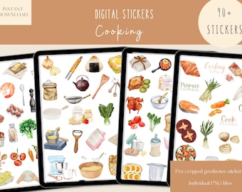 Könnte beinhalten: Ein Set mit über 90 digitalen Stickern mit Aquarell-Illustrationen verschiedener Kochthemen, darunter Lebensmittel, Küchenutensilien und Text. Die Sticker sind vorgefertigt und liegen in einzelnen PNG-Dateien vor.