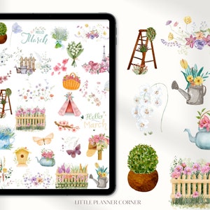 May include: A digital tablet screen displaying a collection of watercolor illustrations featuring spring-themed images, including flowers, a birdhouse, a watering can, a ladder, a fence, and a teapot. The text "Hello March" appears twice on the screen.