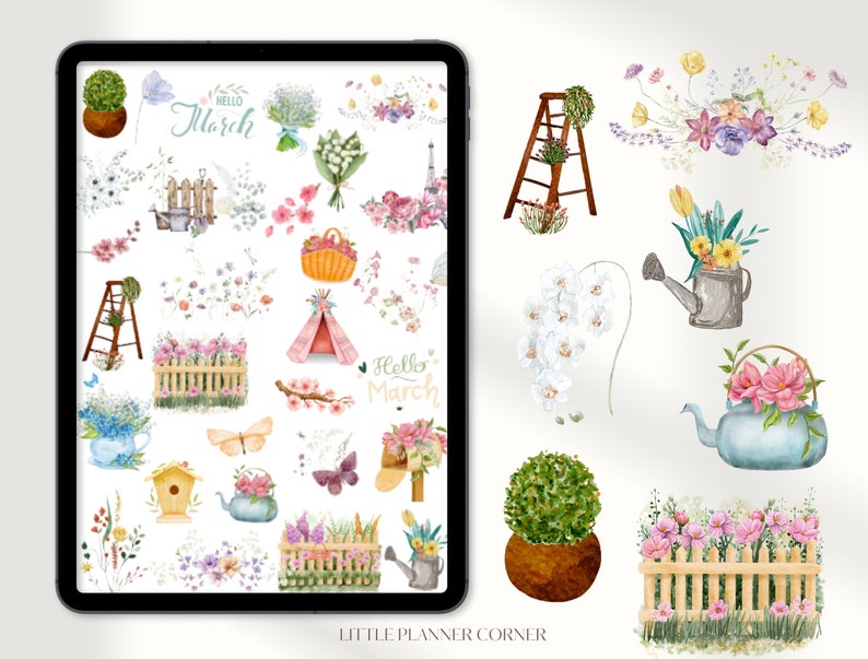 May include: A digital tablet screen displaying a collection of watercolor illustrations featuring spring-themed images, including flowers, a birdhouse, a watering can, a ladder, a fence, and a teapot. The text "Hello March" appears twice on the screen.