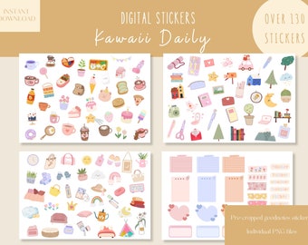 Puede incluir: Más de 130 pegatinas digitales con lindas ilustraciones kawaii en una variedad de colores. Las pegatinas incluyen imágenes de comida, bebidas, útiles escolares y otros artículos cotidianos. Las pegatinas están precortadas y listas para usar en planificadores digitales y aplicaciones de toma de notas.