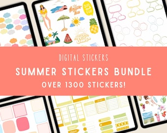 Digital Summer Stickers Bundle - 12 Packs, 1400+ Beach Planner Stickers, Summer Planning Stickers, GoodNotes Tropical | Customizable Shapes