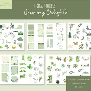 May include: Digital stickers with green botanical designs, including leaves, branches, and floral elements. The stickers are pre-cropped for Goodnotes and come as individual PNG files. The text "Greenery Delights" is displayed at the top.