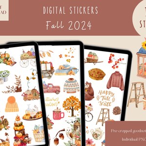 Pode incluir: Um conjunto de adesivos digitais com mais de 110 ilustrações com tema de outono. Os adesivos incluem abóboras, folhas, um caminhão vermelho, um urso, uma caneca de café, uma lanterna, uma escada e muito mais. Os adesivos são pré-cortados e vêm em arquivos PNG individuais.