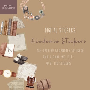 May include: Digital stickers featuring a collection of over 110 pre-cropped Goodnotes stickers with an academia theme. The stickers include images of books, a vintage camera, a gramophone, a compass, a watch, a notebook, a pen, shoes, and a satchel. The stickers are designed in a watercolor style with a vintage aesthetic.