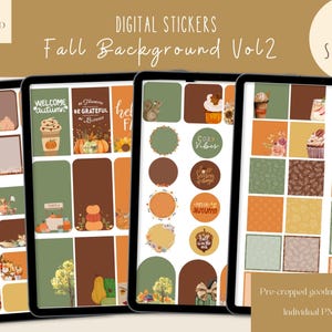 May include: A digital sticker set featuring fall-themed illustrations and patterns. The set includes 70+ stickers with designs like pumpkins, leaves, acorns, and coffee cups. The stickers are pre-cropped and ready to use in digital planners or notes.