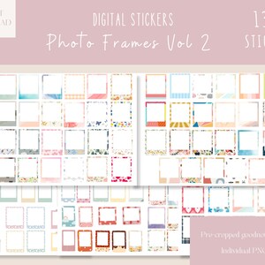 May include: A digital sticker set with over 130 photo frames in various colours and patterns. The frames are pre-cropped for use in the Goodnotes app. The stickers are individual PNG files.