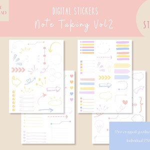 Könnte beinhalten: Ein Set mit über 80 digitalen Stickern zum Notieren. Die Sticker sind in Pastellfarben gehalten und zeigen verschiedene Formen, Pfeile und Linien. Die Sticker sind vorgefertigt und werden als einzelne PNG-Dateien geliefert.