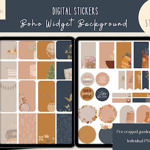 Op de afbeelding: Een set van 76 digitale stickers met een boho-thema voor gebruik in digitale planners en notitie-apps. De stickers bevatten een verscheidenheid aan ontwerpen, waaronder planten, dieren en geometrische vormen. De stickers zijn in een warme kleurenpalet van bruinen, oranje en gele tinten. De tekst "Cozy and Comfy", "Thankful Blessed" en "Let's Get Cozy" is inbegrepen in de stickerset.