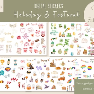 May include: Over 170 digital stickers for holidays and festivals. The stickers feature illustrations of various holidays, including New Year's, Valentine's Day, St. Patrick's Day, Easter, Mother's Day, Father's Day, Halloween, Thanksgiving, Pride Month, and Christmas.