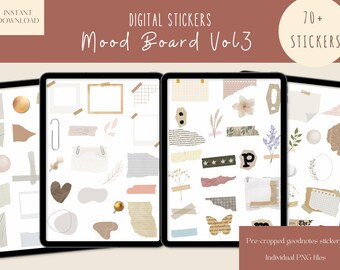 May include: A digital sticker pack with over 70 pre-cropped stickers for Goodnotes. The stickers are in a variety of styles, including floral, geometric, and abstract. The stickers are perfect for adding a personal touch to your notes, journals, and planners.