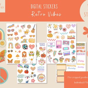 May include: A set of 110+ digital stickers with a retro vibe. The stickers feature rainbows, peace signs, hearts, butterflies, flowers, and other designs in bright colors. The text on the stickers includes "Choose Happy", "Good Vibes", "Back to School", "Love Peace Christmas", "Keep Moving", and "Good Day".