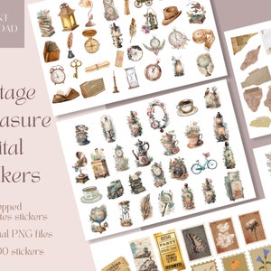 May include: Over 100 vintage-style digital stickers featuring illustrations of teacups, clocks, flowers, lanterns, and other whimsical objects. The stickers are pre-cropped and perfect for use in digital planners, notes, and journals.