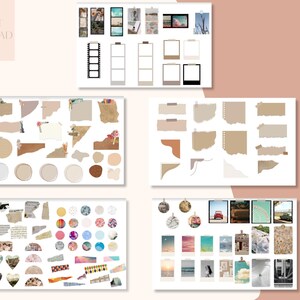 May include: A set of digital scrapbook paper and photo frame stickers in various colors and patterns. The set includes torn paper, circles, hearts, and frames. The frames are in different styles, including film strips, Polaroid, and simple white frames.