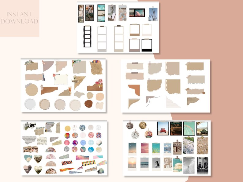 May include: A set of digital scrapbook paper and photo frame stickers in various colors and patterns. The set includes torn paper, circles, hearts, and frames. The frames are in different styles, including film strips, Polaroid, and simple white frames.