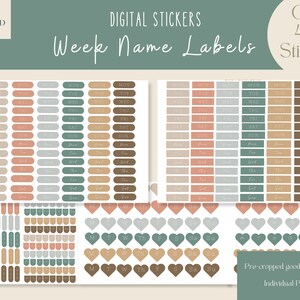 以下が含まれることがあります： プランナーやジャーナル用のデジタルステッカー440個以上。ステッカーには、長方形やハート型など、さまざまな色とスタイルの曜日ラベルが描かれています。ステッカーは事前に切り抜かれており、個別のPNGファイルとして提供されます。