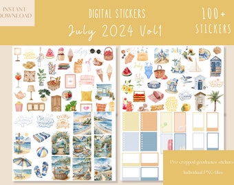 Luglio 2024 Vol1 Adesivi Goodnotes/Adesivi digitali quotidiani/Spiaggia DigitalEstate PNG preritagliato/Adesivi Goodnotes/Adesivi iPad estivi