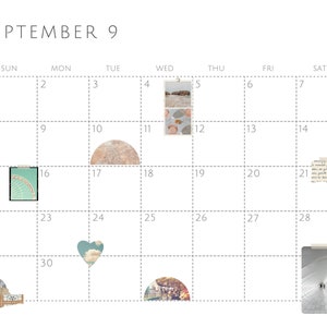 May include: A September calendar with a grid of dates and decorative images. The images include a heart, a half circle, a building, and a photo of a person standing in a hallway.