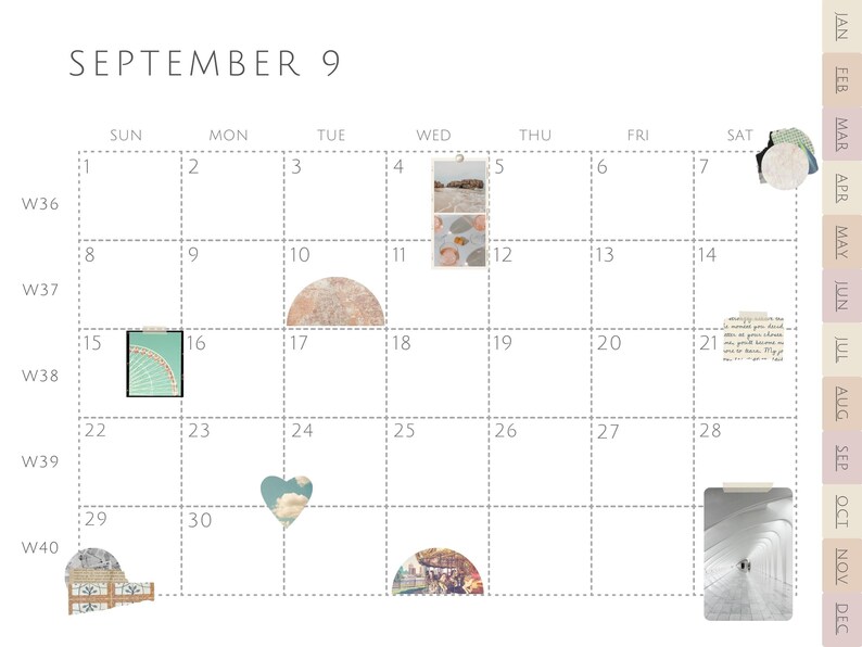 May include: A September calendar with a grid of dates and decorative images. The images include a heart, a half circle, a building, and a photo of a person standing in a hallway.