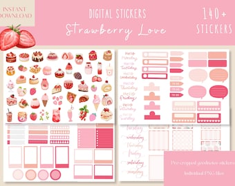 Strawberry Love Goodnotes Stickers|Sweet Digital Stickers| Strawberries Planner Stickers |Food Pre-cropped PNG| Pink iPad Planner Stickers
