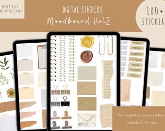 May include: Digital stickers for mood boards, planners, and journals. Over 100 stickers in a variety of styles, including papers, envelopes, clips, and seals.  The stickers are in a neutral color palette of beige, brown, and white.