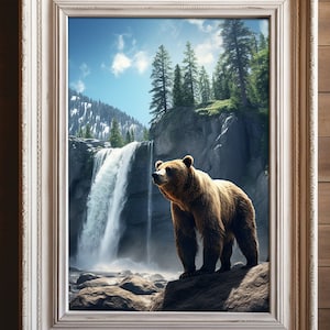 Wild Grizzly Bear by the Waterfall - Digital Painting Download | Nature&#39;s Majesty | Office & Home Decor | Canvas Prints | Nature Puzzle