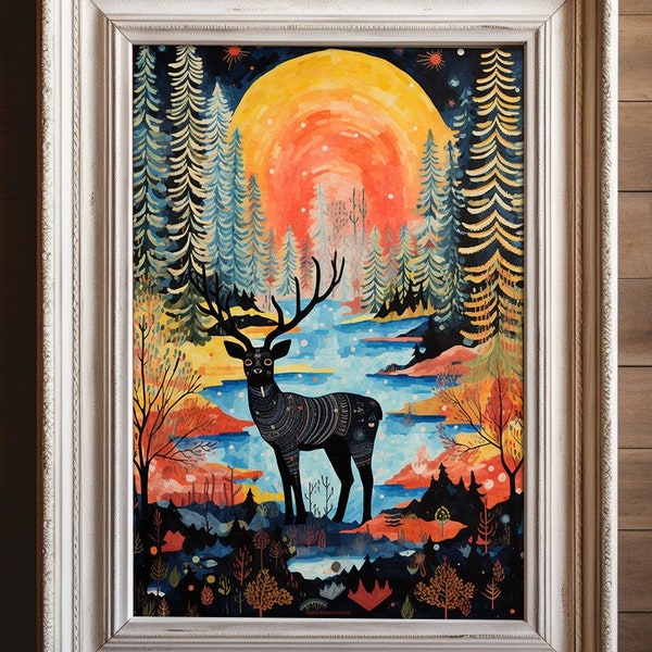 Enchanting Deer Digital Oil Painting Print | Starry Sky, Fall Trees, Wall Art, Puzzles, Shirts & More! #FantasyArt #DigitalDownload"