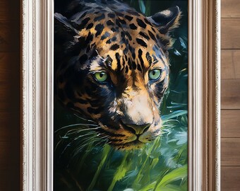 Intense Focus: Digital Download - Jaguar Oil Painting - Wildlife Art for Home and Office Decor - Captivating Predator Gaze