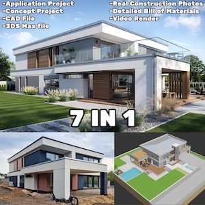 May include: A 7-in-1 modern house design package with a white exterior and a brown wooden door. The package includes application project, concept project, CAD file, 3DS Max file, real construction photos, detailed bill of materials, and video render.