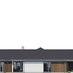 May include: A single-story house with a dark gray tiled roof and a chimney. The exterior features a combination of white walls and vertical brown wood paneling. The structure includes multiple glass doors and windows, with a covered porch area on the right side.