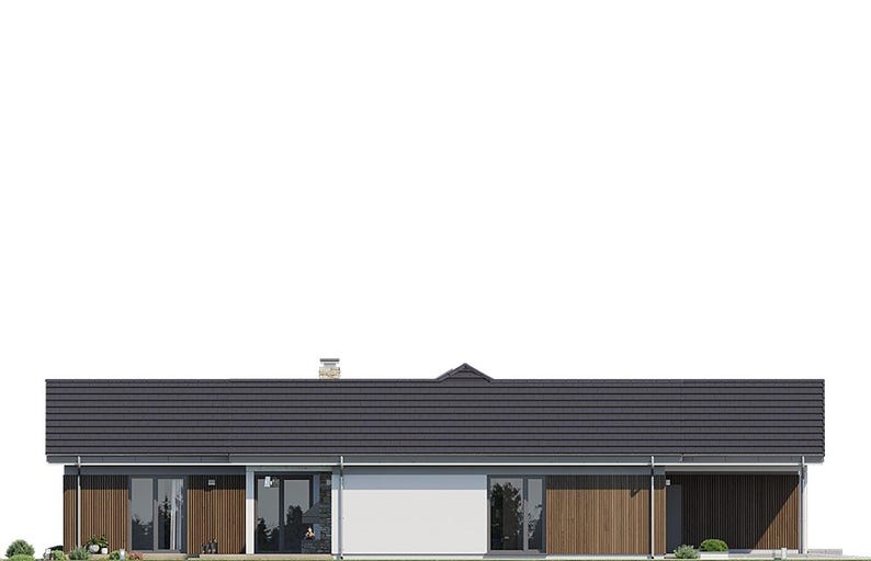 May include: A single-story house with a dark gray tiled roof and a chimney. The exterior features a combination of white walls and vertical brown wood paneling. The structure includes multiple glass doors and windows, with a covered porch area on the right side.