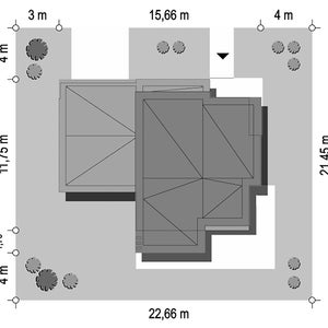 Property layout showing the villa’s footprint, surrounding yard, and dimensions, a perfect overview for house blueprint and site plans